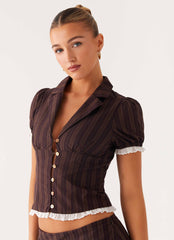 Bennett Button Up Top - Toffee Stripe