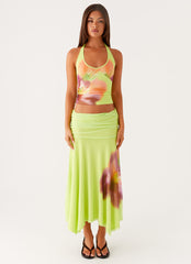 Liana Ruched Maxi Skirt - Green Tropical