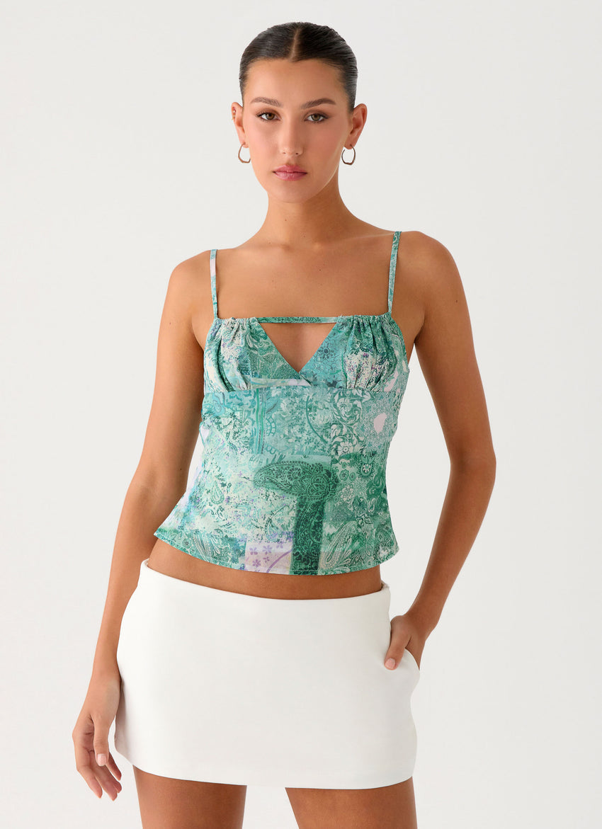Nalini Ruched Neckline Top - Green Paisley