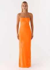Sassafras Beaded Flower Strapless Maxi Dress - Orange
