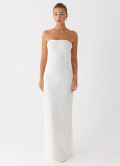 Sassafras Beaded Flower Strapless Maxi Dress - White