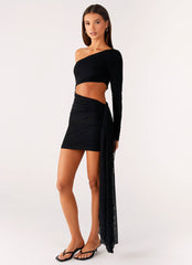 Wrapped Asymmetrical Mesh Dress - Black