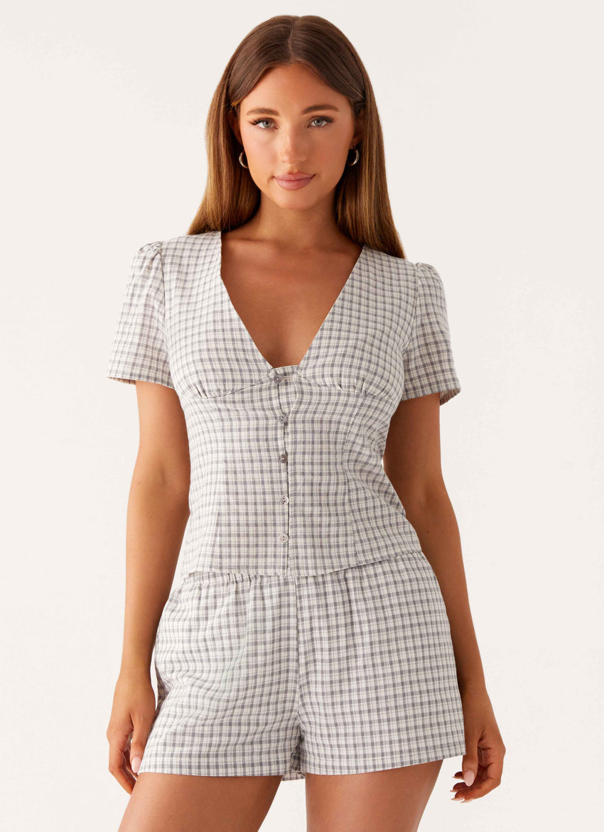 Adalina Button Up Top - Grey Check