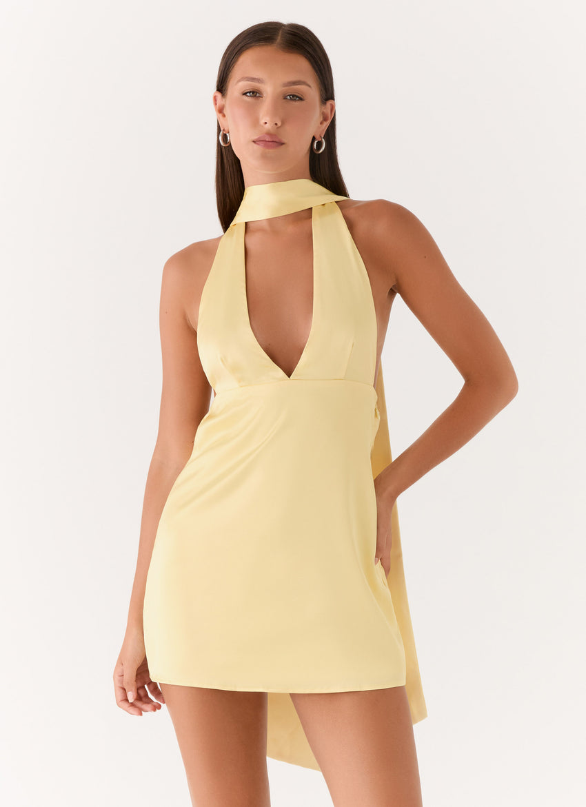 Alicia Satin Halter Mini Dress - Pastel Yellow