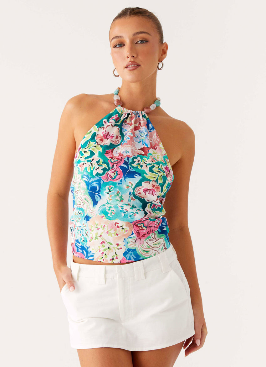 Dalila Beaded Tie Back Top - Santorini Floral