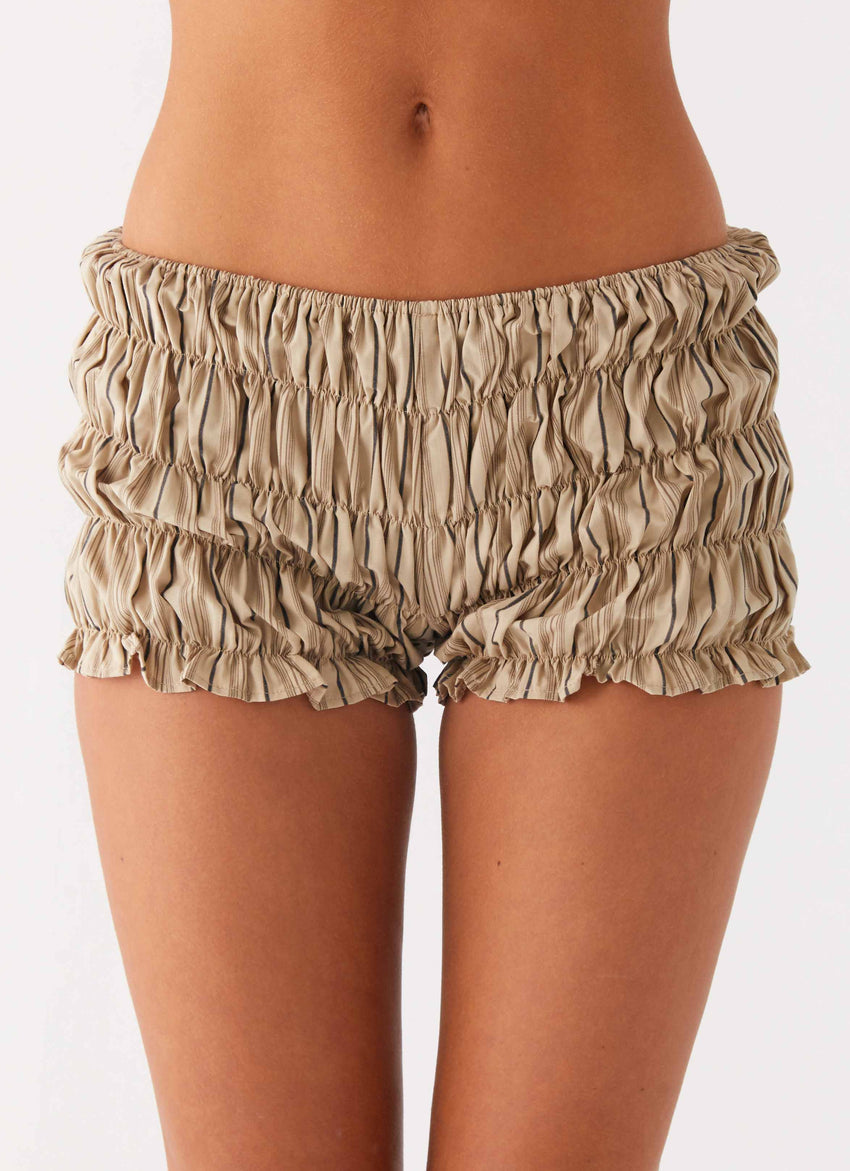 Girls Like Us Ruched Mini Shorts - Oatmeal Stripe