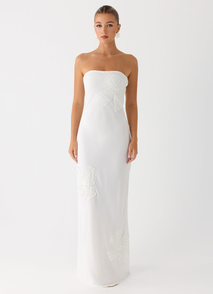 Sassafras Beaded Flower Strapless Maxi Dress - White