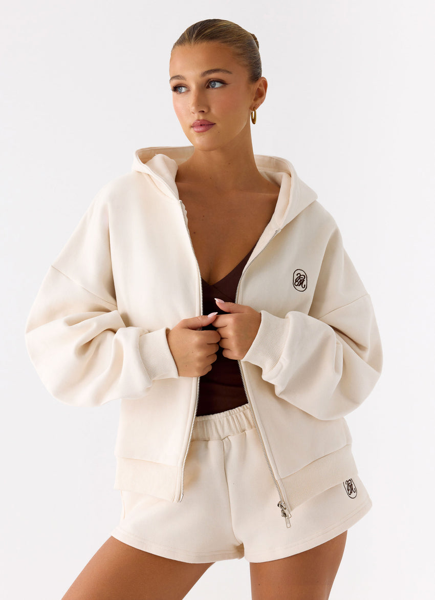 Signature Double Zip Up Hoodie - Cream