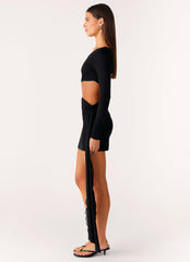 Wrapped Asymmetrical Mesh Dress - Black